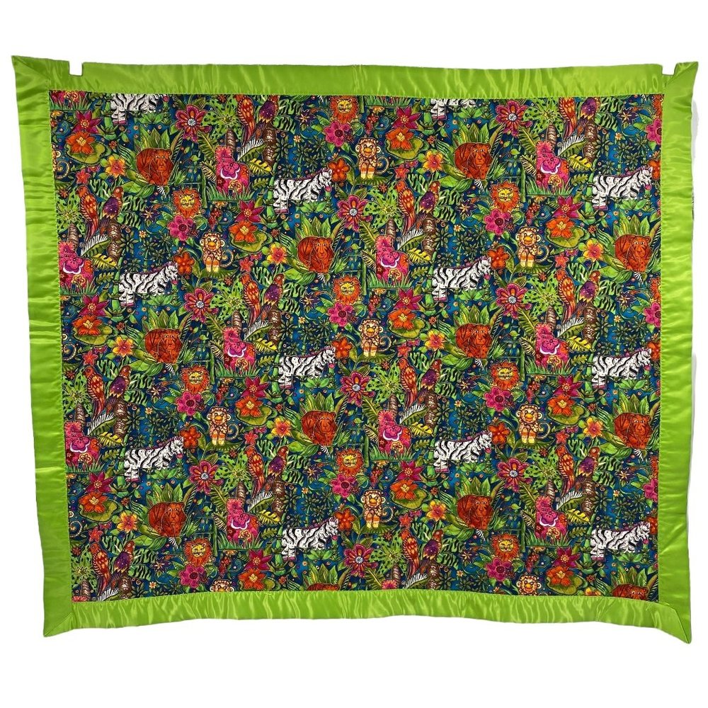 Jungle animal handmade lap crib quilt tigers elephants‎ Zebras satin trim